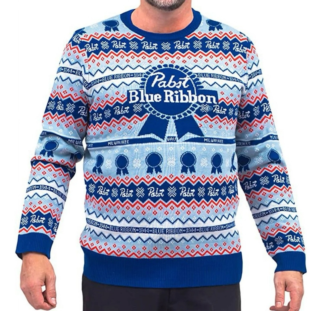 Pabst Blue Ribbon Ugly Christmas Sweater Men’s Size Large Knit Beer